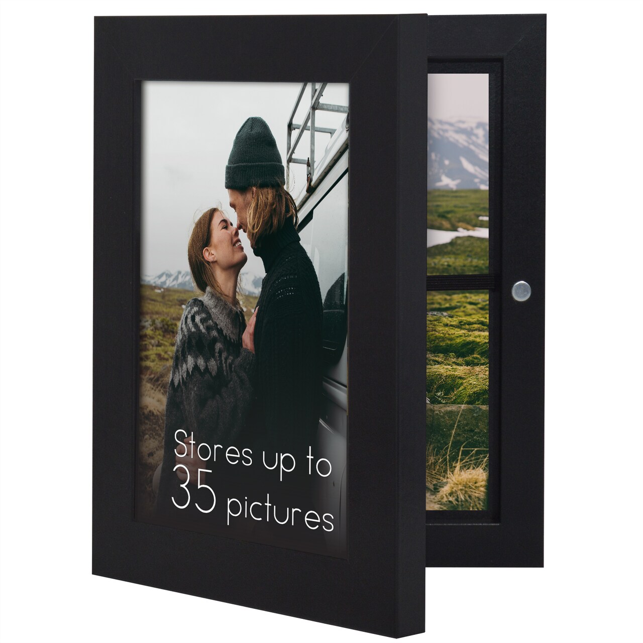 Americanflat Quick-Change Photo Storage Display Frame - Store up to 35 Pictures at Once with Elastic Strap Storage - Shatter Resistant Glass - Hanging Hardware - Includes Easel - Black